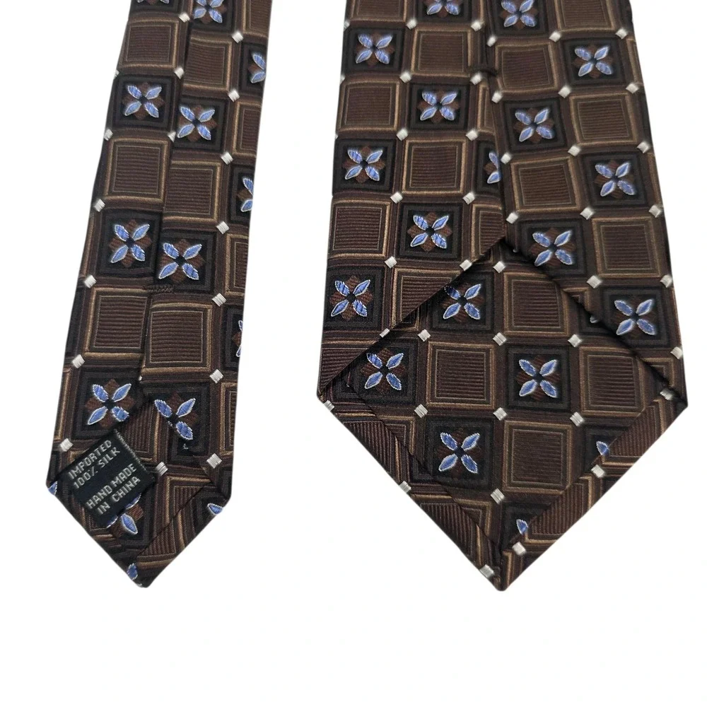Jos A Bank Signature‎ Collection Mens Necktie 7-fold Brown Blue Silk Embroidered